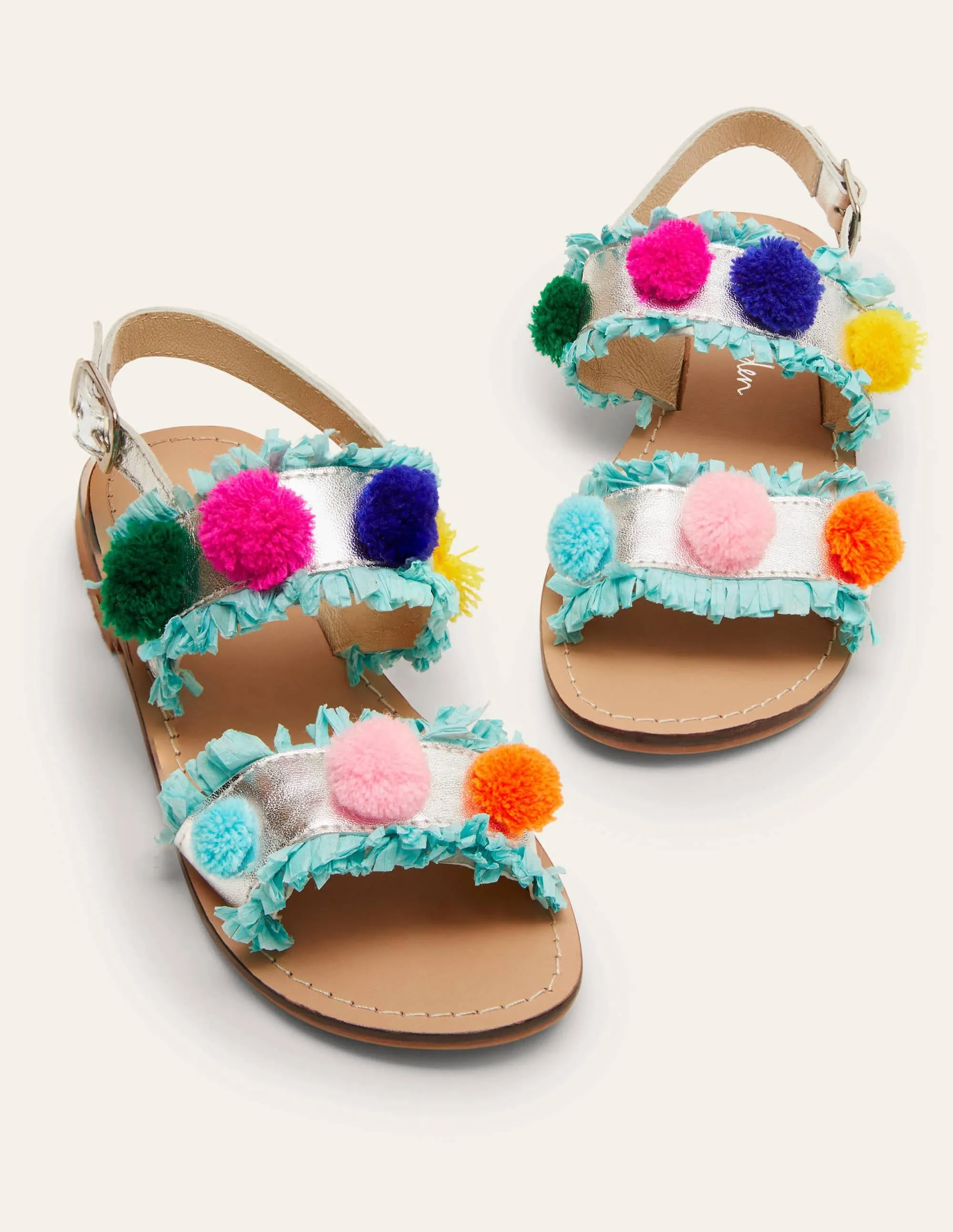 Pom Pom Sandals-Metallic Rainbow Poms