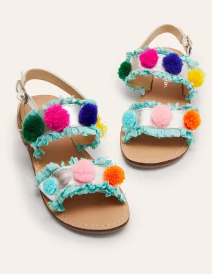 Pom Pom Sandals-Metallic Rainbow Poms