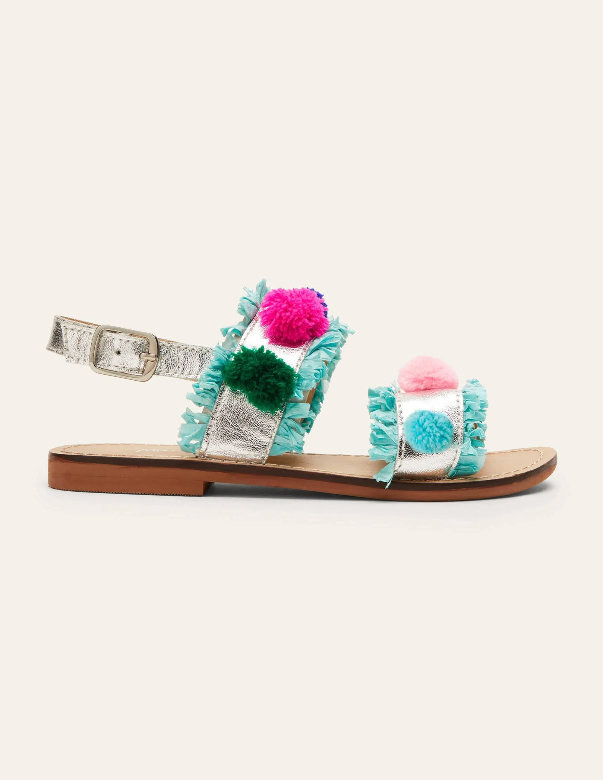 Pom Pom Sandals-Metallic Rainbow Poms