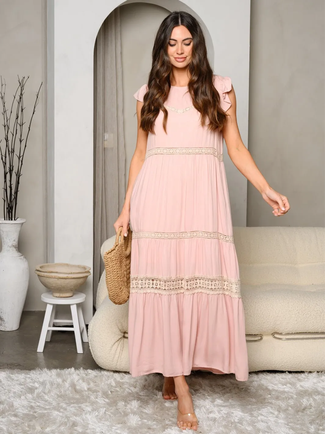 Pre-Order Dayna Ruffle Sleeve Tiered Trim Detailed Maxi Dress