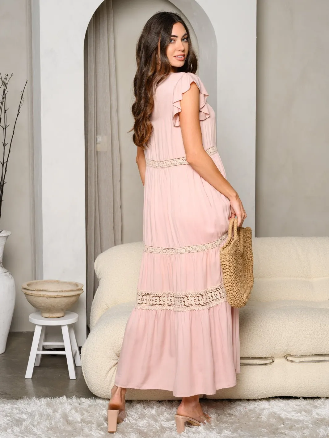 Pre-Order Dayna Ruffle Sleeve Tiered Trim Detailed Maxi Dress