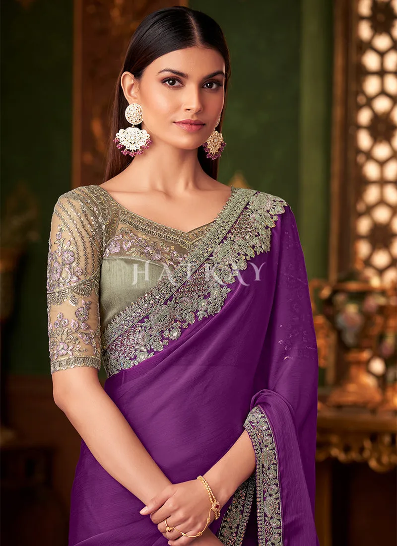Purple And Copper Embroidery Designer Saree