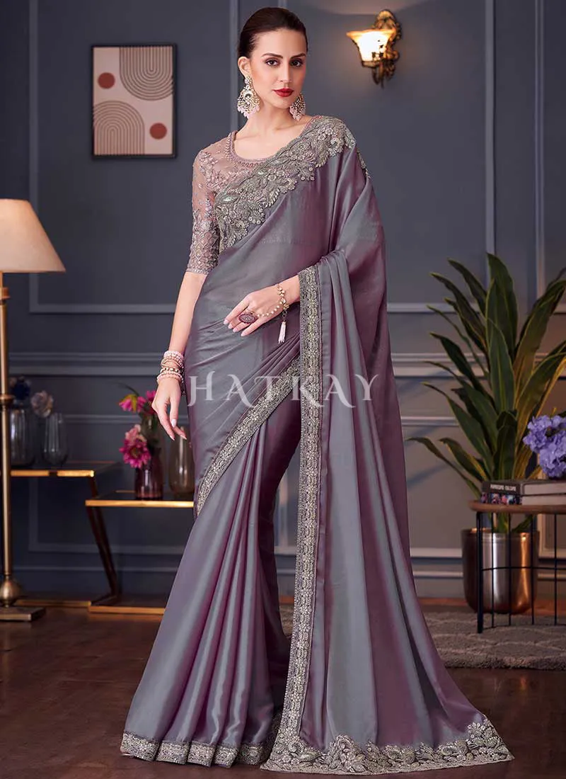Purple And Pink Embroidery Designer Saree