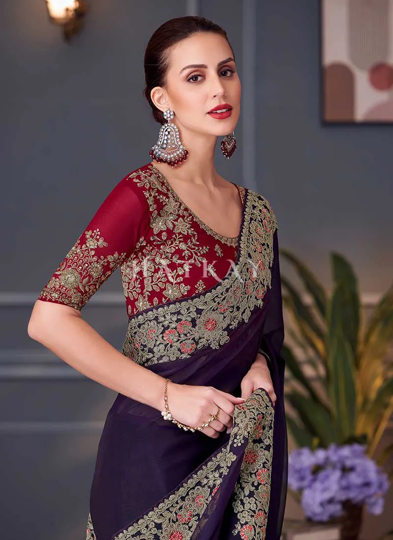 Purple And Red Embroidery Designer Saree