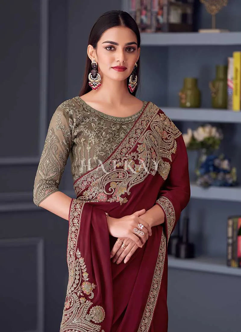 Red Copper Embroidery Designer Saree