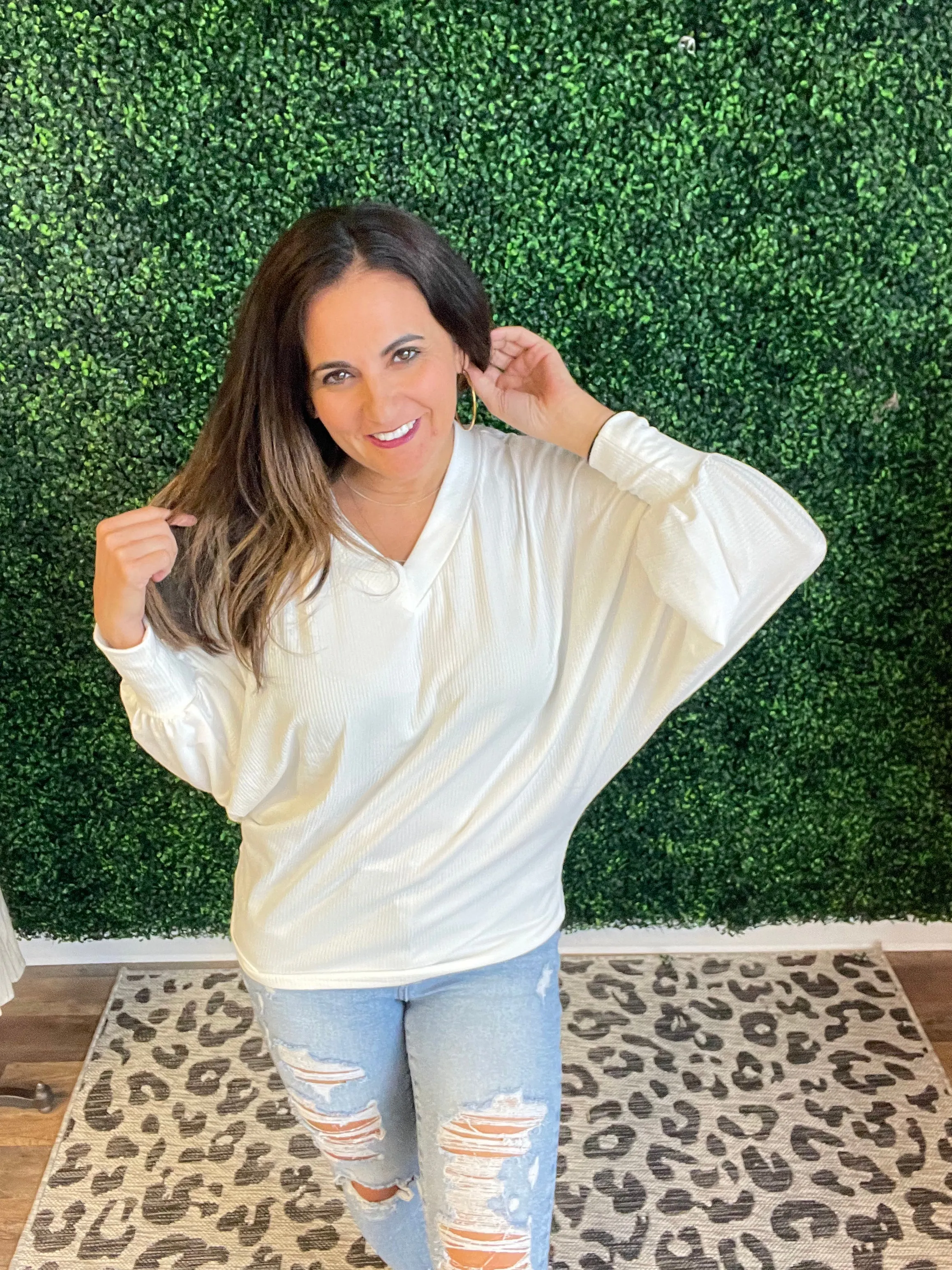 Ribbed White Long V-Neck