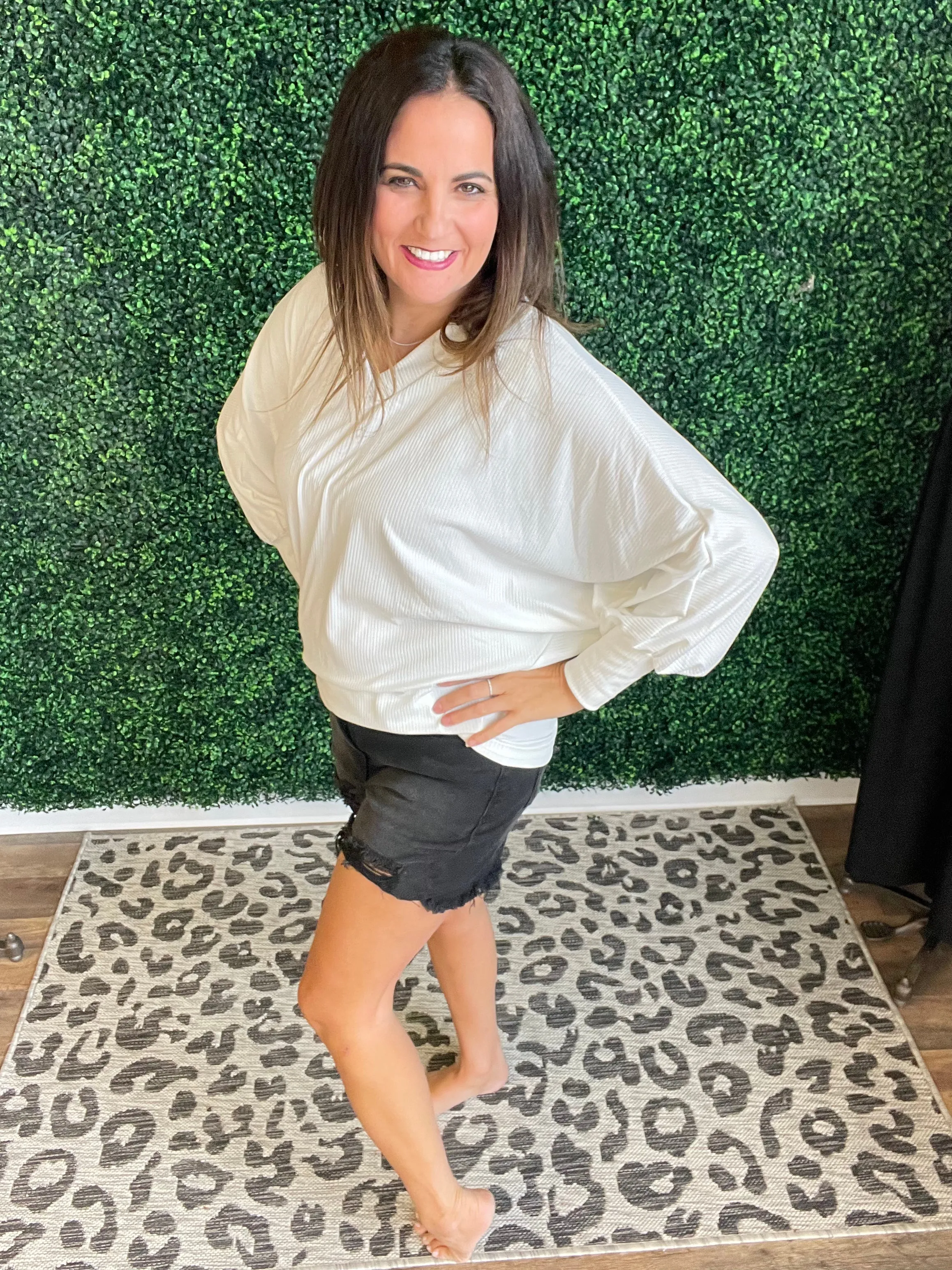 Ribbed White Long V-Neck