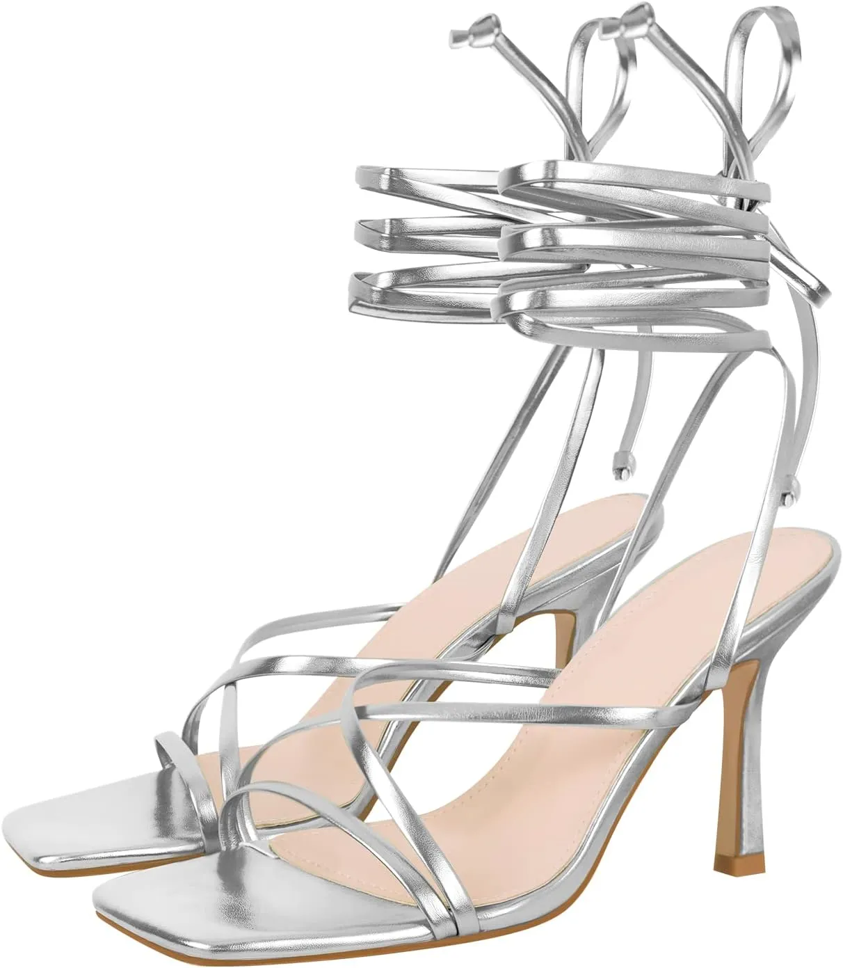 richealnini Women's Square Toe Lace Up Strappy Stilettos High Heeled Sandals