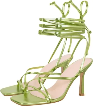 richealnini Women's Square Toe Lace Up Strappy Stilettos High Heeled Sandals