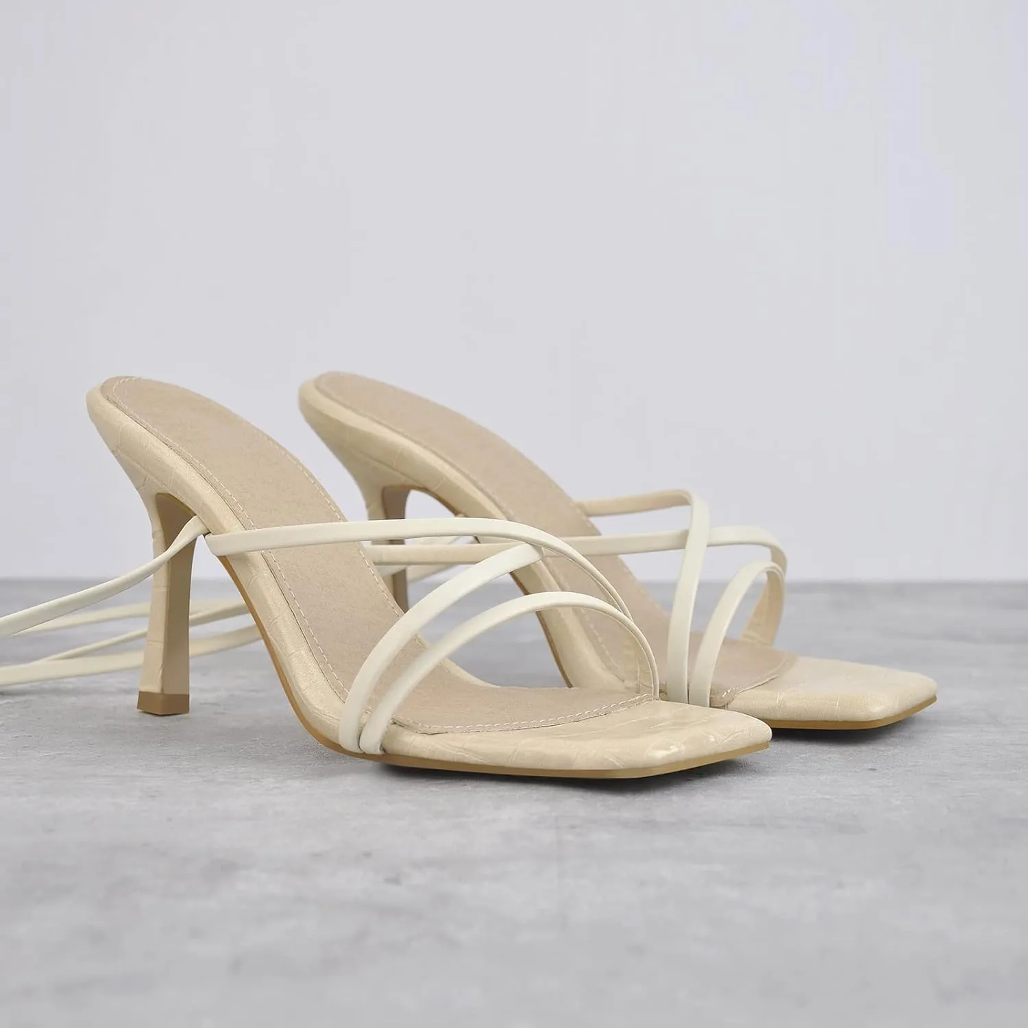 richealnini Women's Square Toe Lace Up Strappy Stilettos High Heeled Sandals