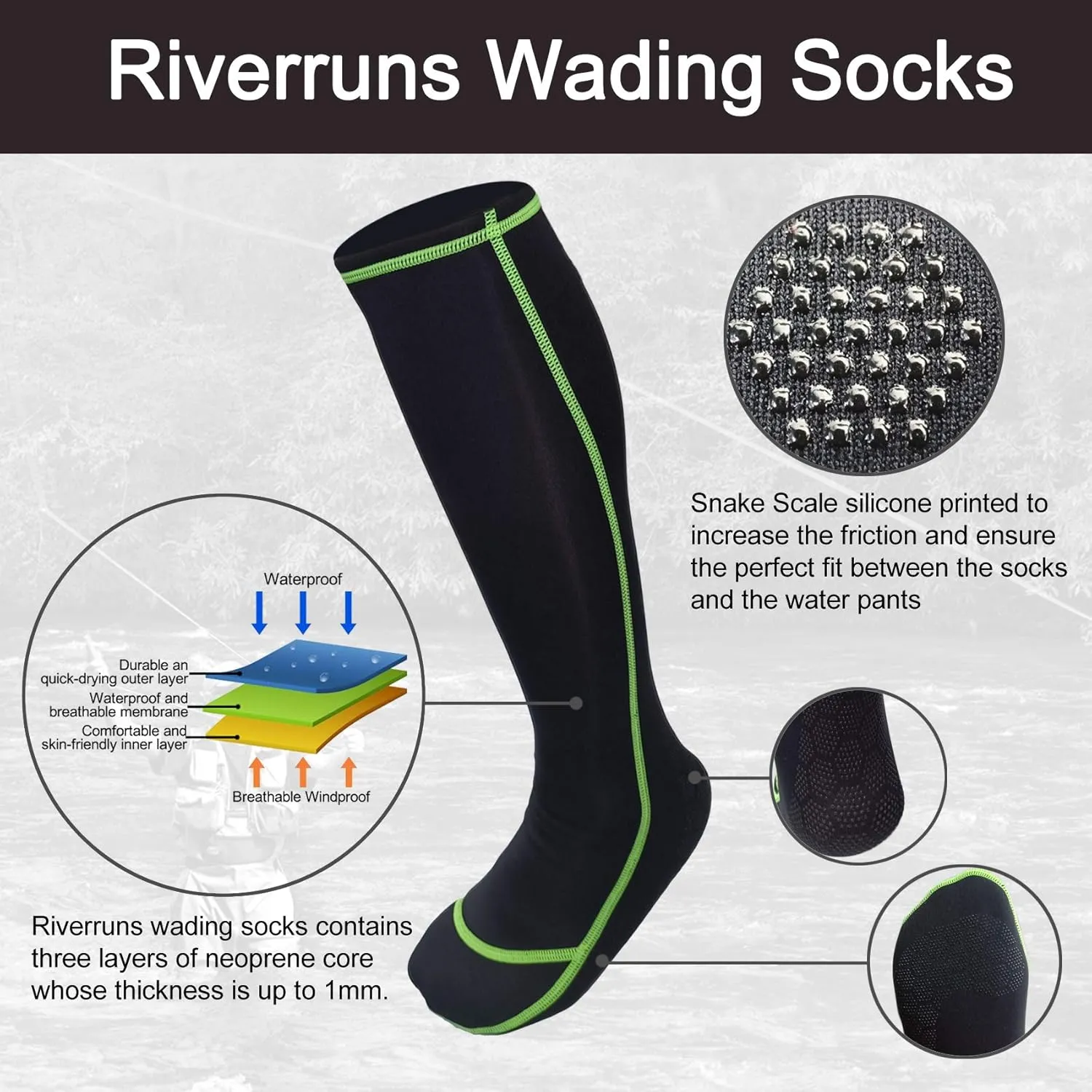 Riverruns Frictionless Wading Socks, Neoprene Wet-suit Wader socks for Men and Women Outdoor Fishing, Surfing, Wakeboarding
