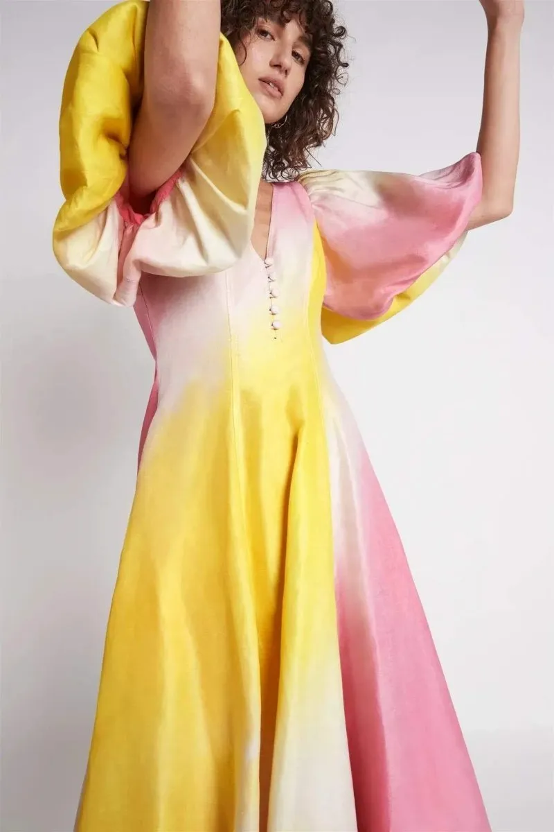 Salome Puff Sleeve V-neck midi Dress