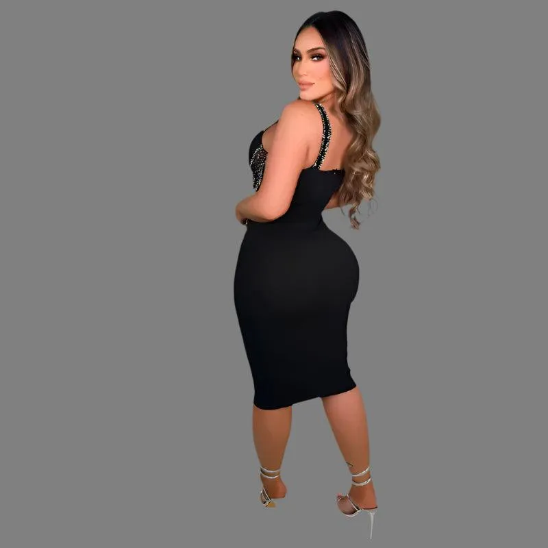 Sexy Spaghetti Strap V-Neck Bandage Bodycon Dress - Elegant Patchwork Midi Dress