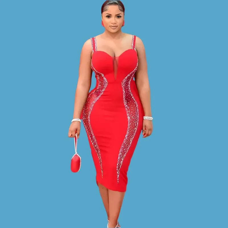 Sexy Spaghetti Strap V-Neck Bandage Bodycon Dress - Elegant Patchwork Midi Dress