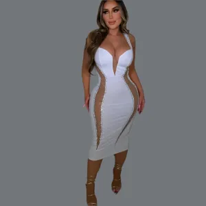Sexy Spaghetti Strap V-Neck Bandage Bodycon Dress - Elegant Patchwork Midi Dress
