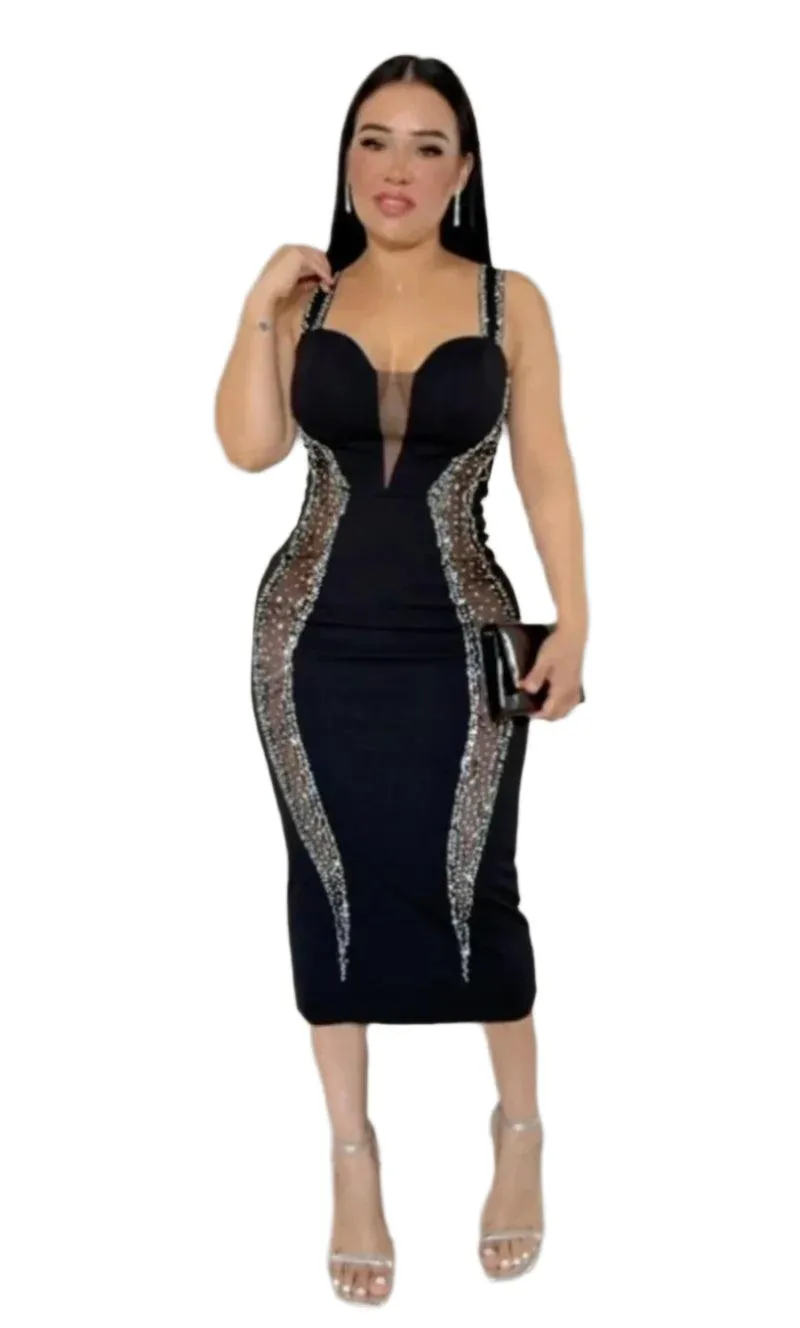 Sexy Spaghetti Strap V-Neck Bandage Bodycon Dress - Elegant Patchwork Midi Dress