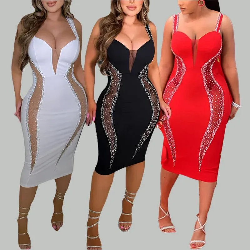 Sexy Spaghetti Strap V-Neck Bandage Bodycon Dress - Elegant Patchwork Midi Dress