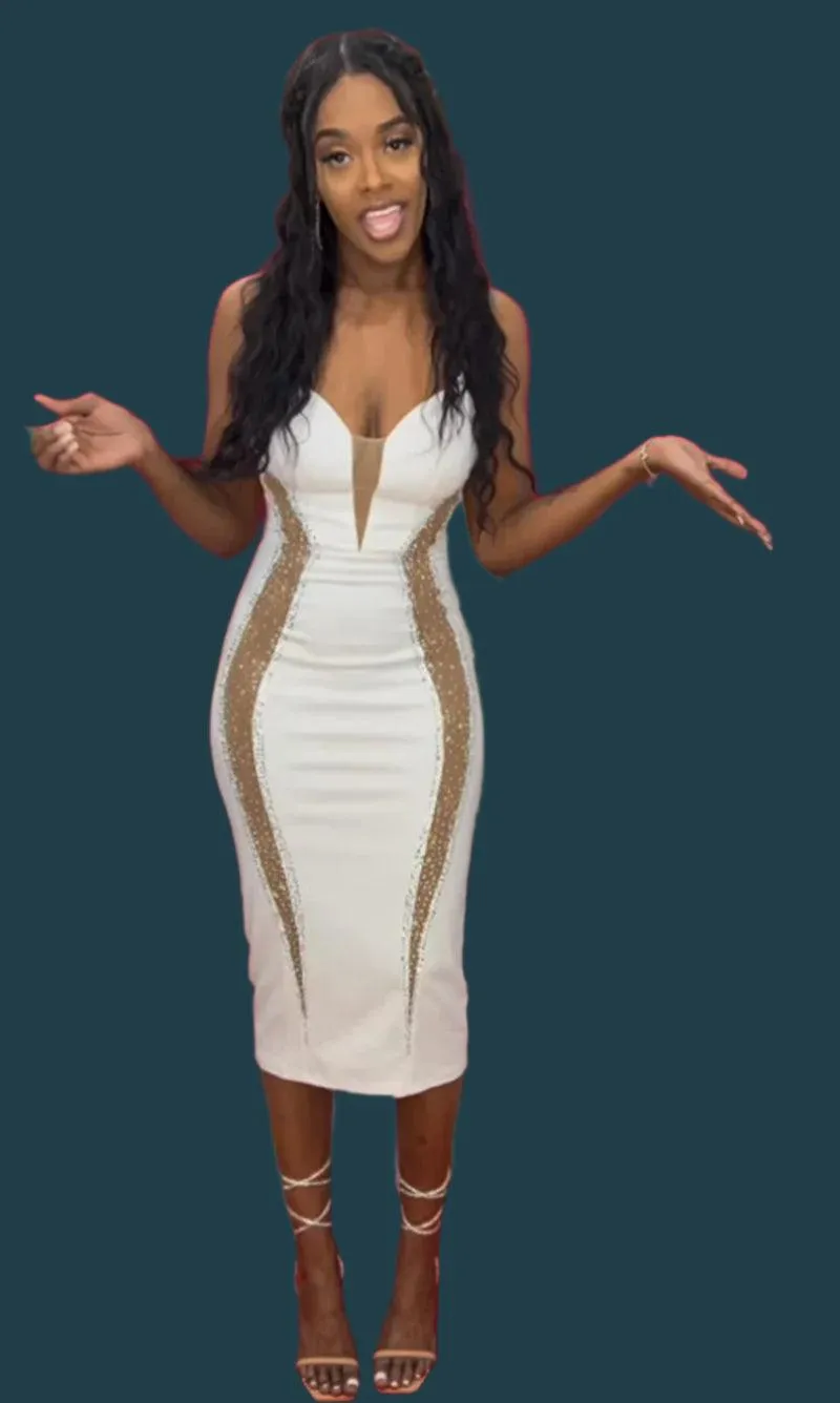 Sexy Spaghetti Strap V-Neck Bandage Bodycon Dress - Elegant Patchwork Midi Dress