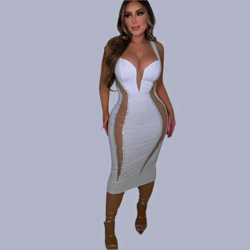 Sexy Spaghetti Strap V-Neck Bandage Bodycon Dress - Elegant Patchwork Midi Dress