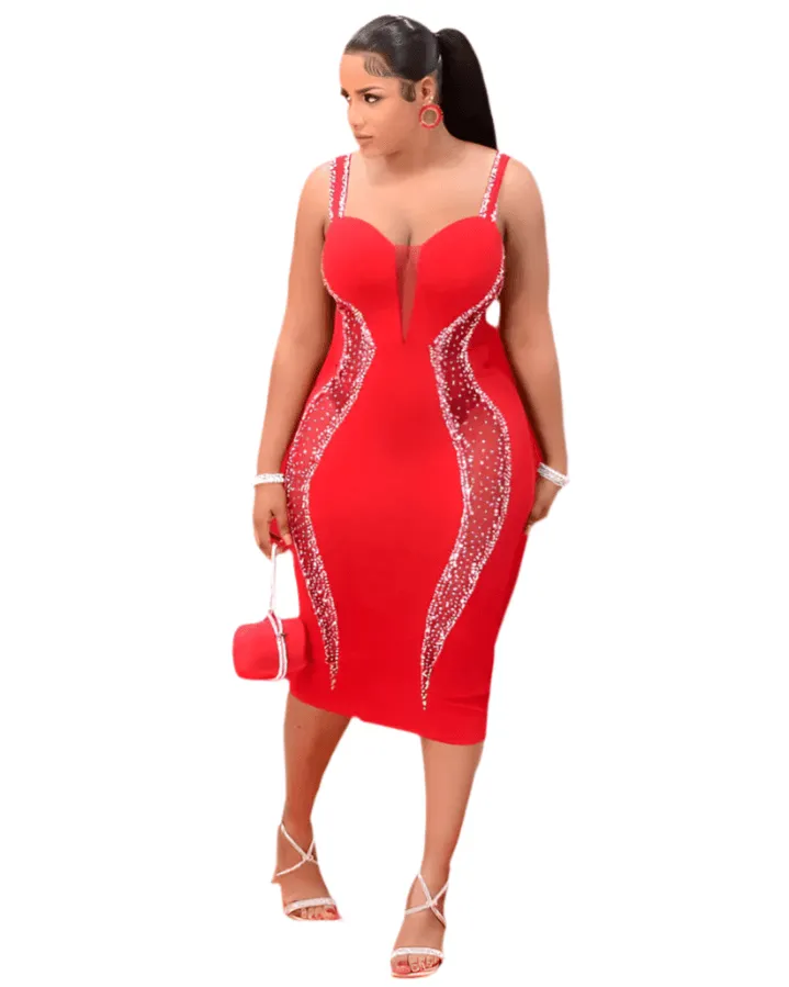 Sexy Spaghetti Strap V-Neck Bandage Bodycon Dress - Elegant Patchwork Midi Dress