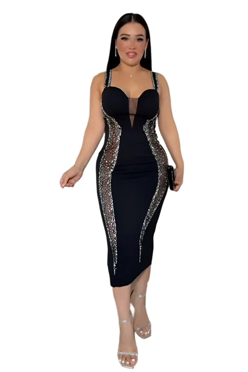 Sexy Spaghetti Strap V-Neck Bandage Bodycon Dress - Elegant Patchwork Midi Dress