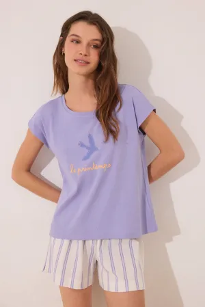 Short lilac striped cotton short pyjamas - Purple