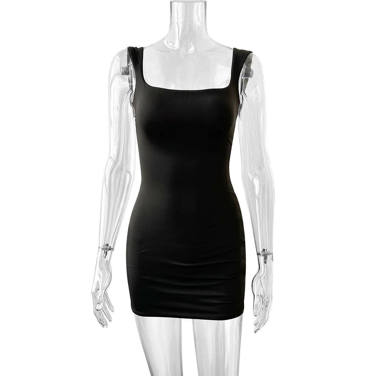 Square Collar Backless Sheath Dress – Slim Fit, Short