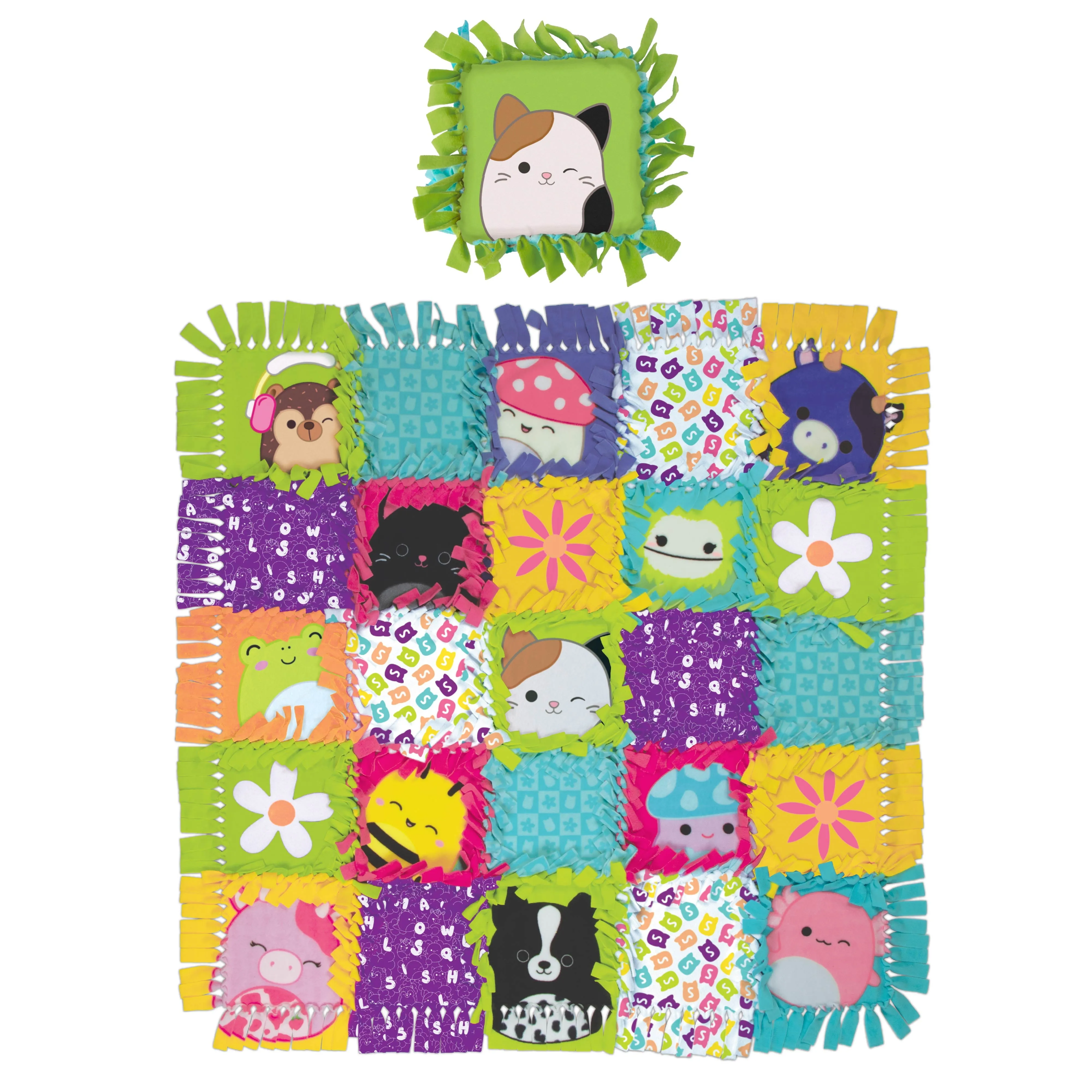 Squishmallows Pattern No-Sew Blanket & Pillow Tween DIY Craft Kit, Multicolor