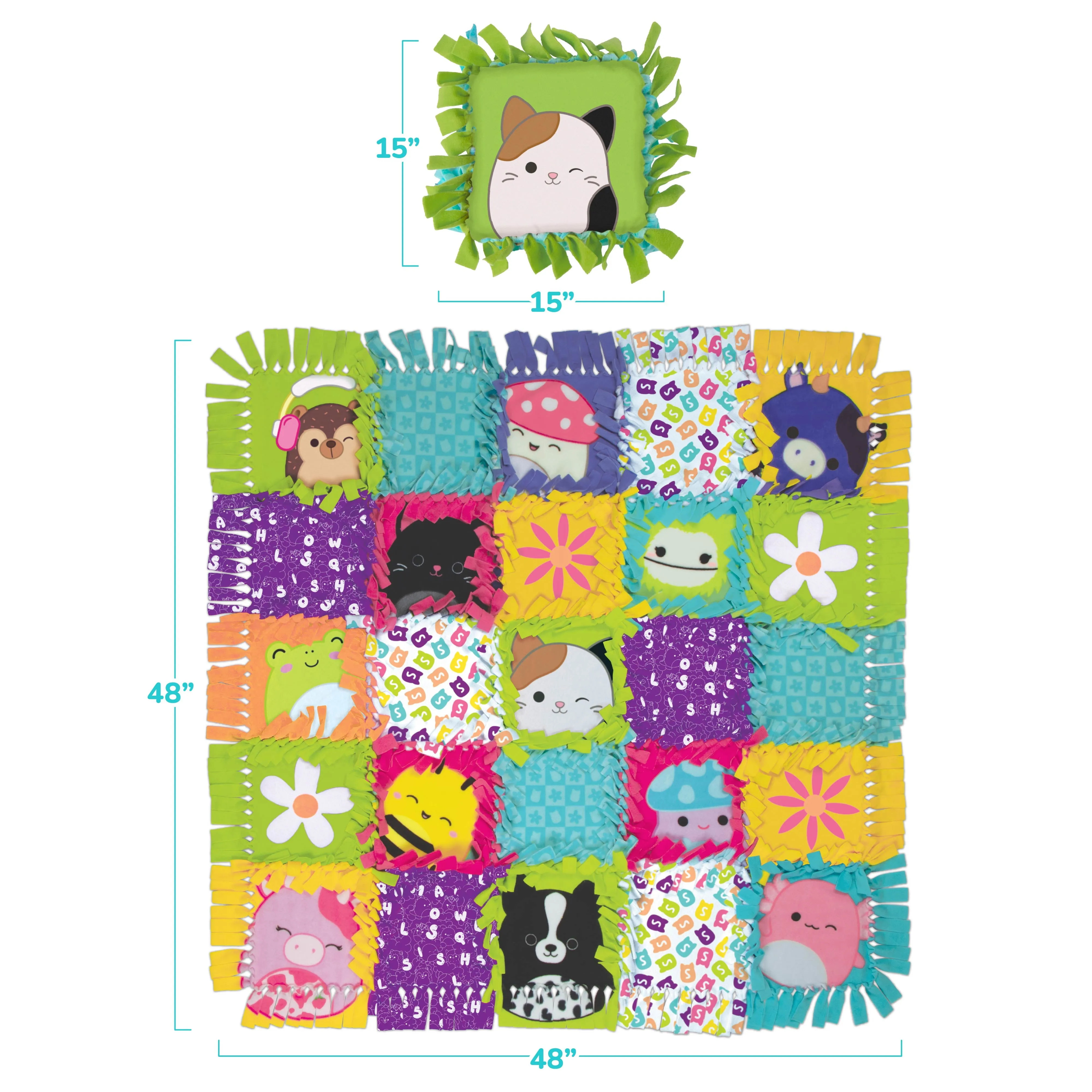 Squishmallows Pattern No-Sew Blanket & Pillow Tween DIY Craft Kit, Multicolor