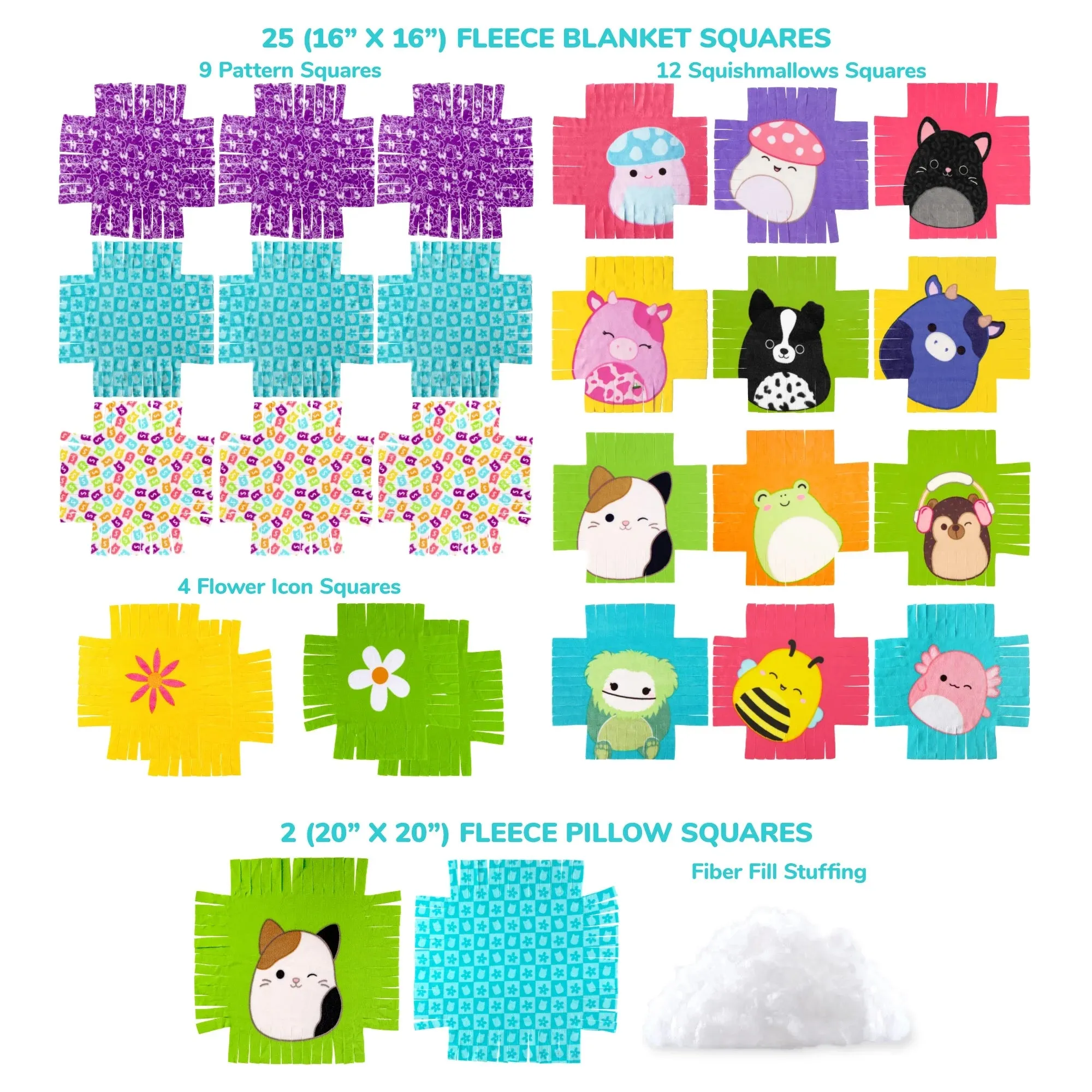 Squishmallows Pattern No-Sew Blanket & Pillow Tween DIY Craft Kit, Multicolor