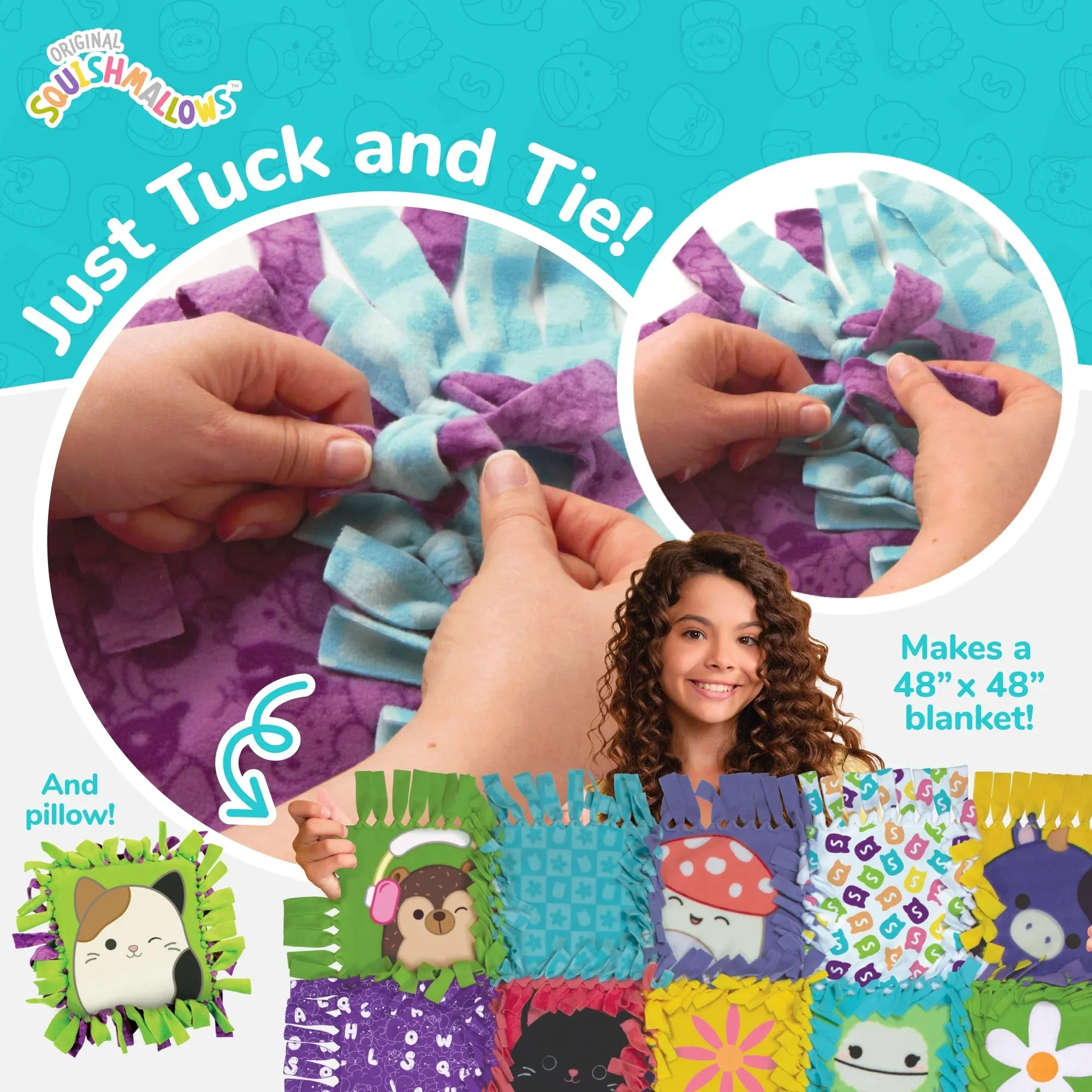 Squishmallows Pattern No-Sew Blanket & Pillow Tween DIY Craft Kit, Multicolor
