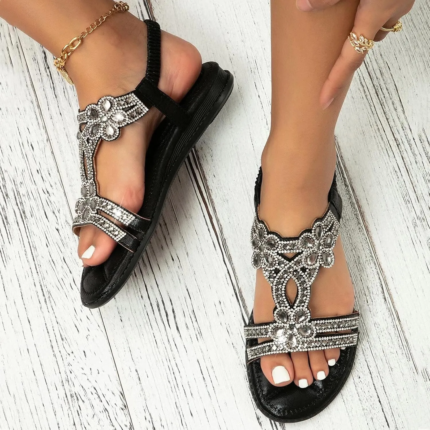 Summer Beach Sandals for Women 2025,Crystal Rhinestone Pearl Flat Sandals for Women Dressy Bling Sparkly Thong Sandals Comfortable T Strap Slip-On Shoes Casual Walking Sandals Strappy Sandals 
