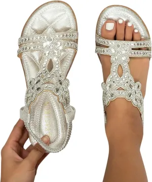 Summer Beach Sandals for Women 2025,Crystal Rhinestone Pearl Flat Sandals for Women Dressy Bling Sparkly Thong Sandals Comfortable T Strap Slip-On Shoes Casual Walking Sandals Strappy Sandals 