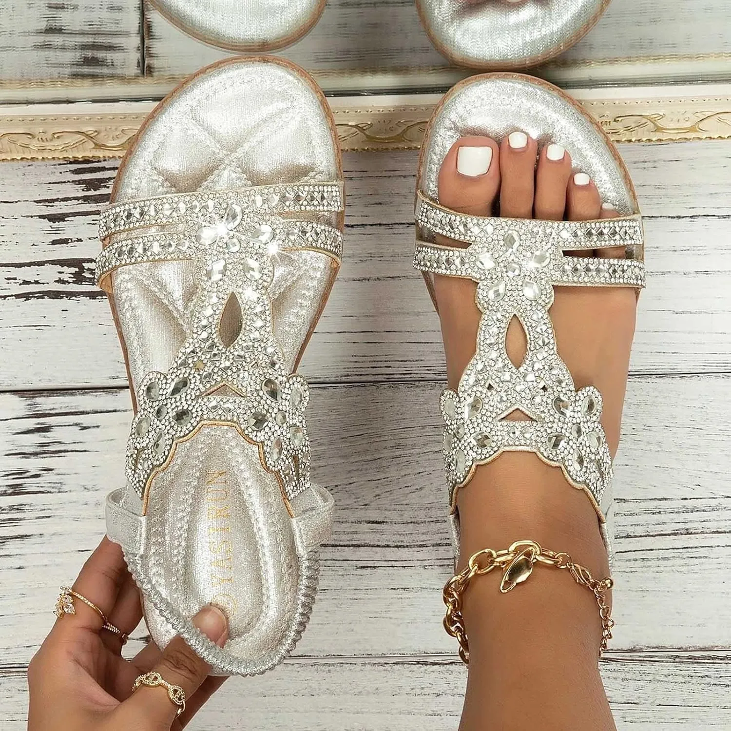 Summer Beach Sandals for Women 2025,Crystal Rhinestone Pearl Flat Sandals for Women Dressy Bling Sparkly Thong Sandals Comfortable T Strap Slip-On Shoes Casual Walking Sandals Strappy Sandals 