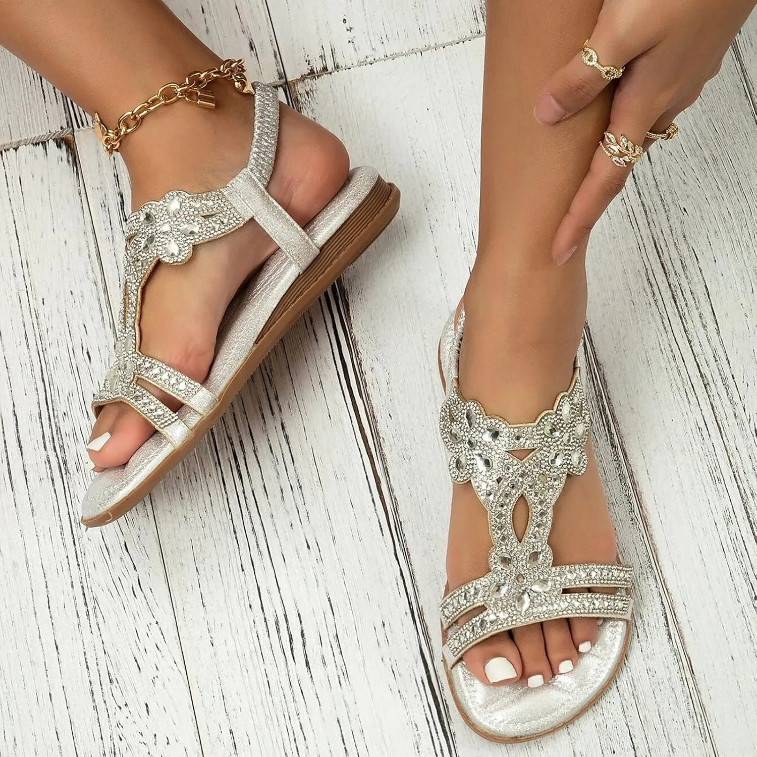 Summer Beach Sandals for Women 2025,Crystal Rhinestone Pearl Flat Sandals for Women Dressy Bling Sparkly Thong Sandals Comfortable T Strap Slip-On Shoes Casual Walking Sandals Strappy Sandals 