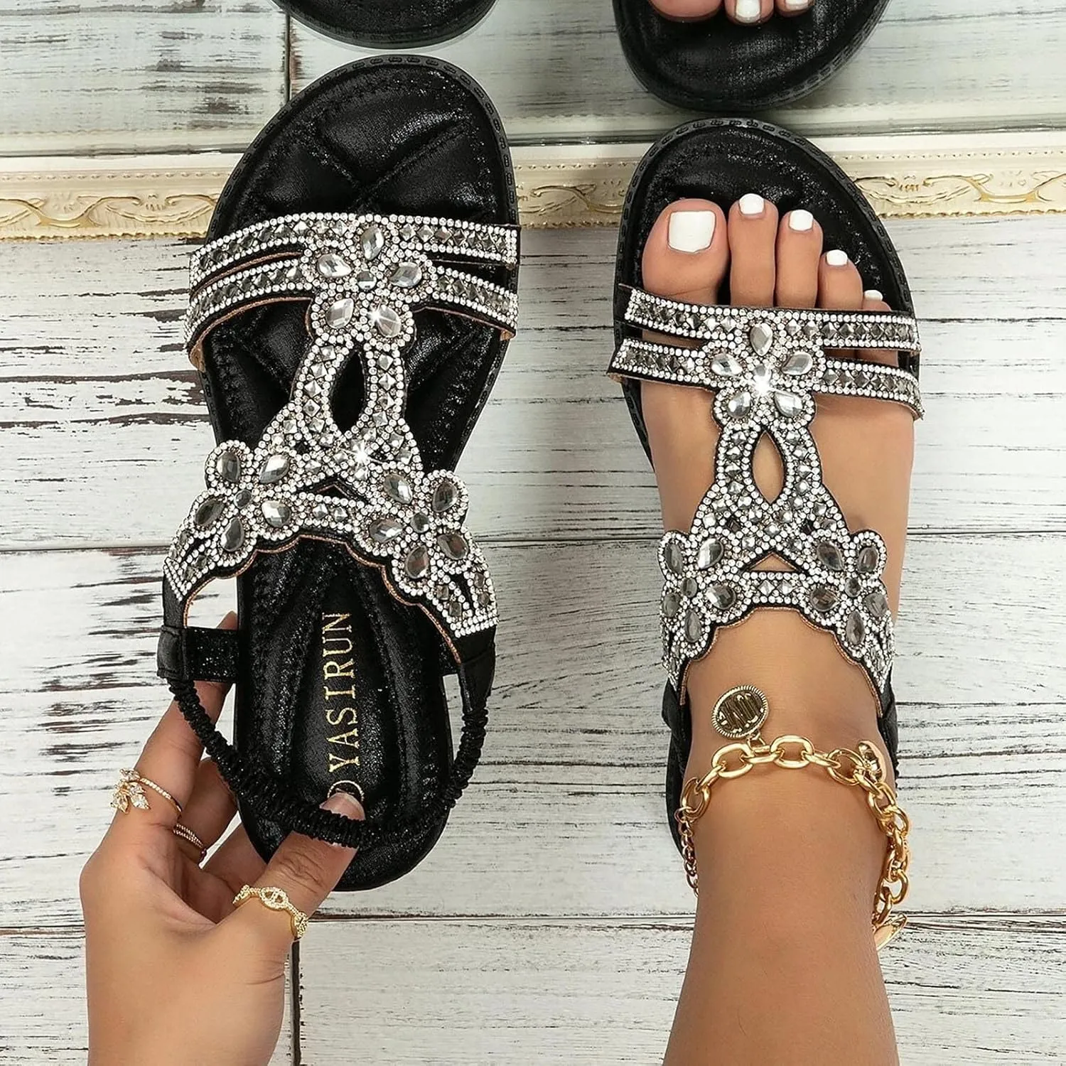 Summer Beach Sandals for Women 2025,Crystal Rhinestone Pearl Flat Sandals for Women Dressy Bling Sparkly Thong Sandals Comfortable T Strap Slip-On Shoes Casual Walking Sandals Strappy Sandals 