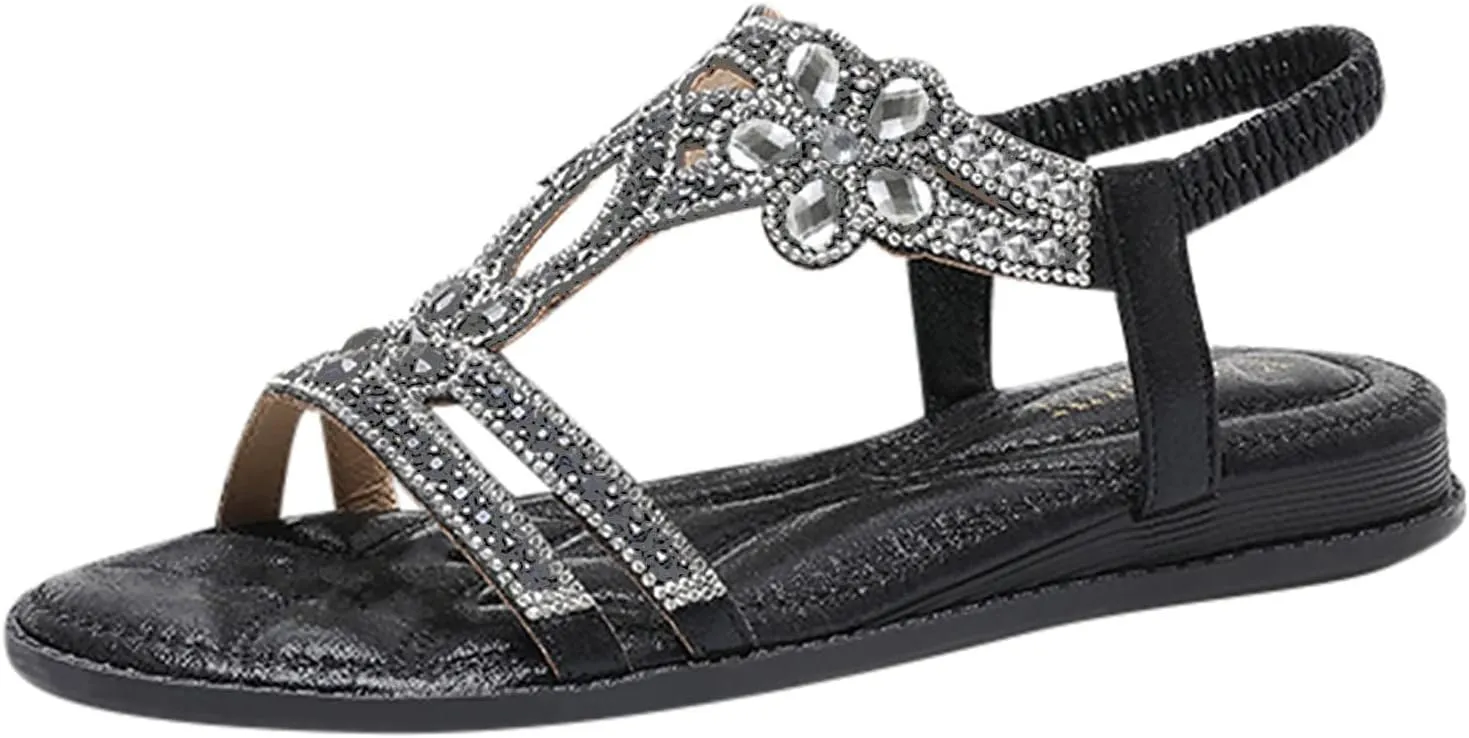 Summer Beach Sandals for Women 2025,Crystal Rhinestone Pearl Flat Sandals for Women Dressy Bling Sparkly Thong Sandals Comfortable T Strap Slip-On Shoes Casual Walking Sandals Strappy Sandals 