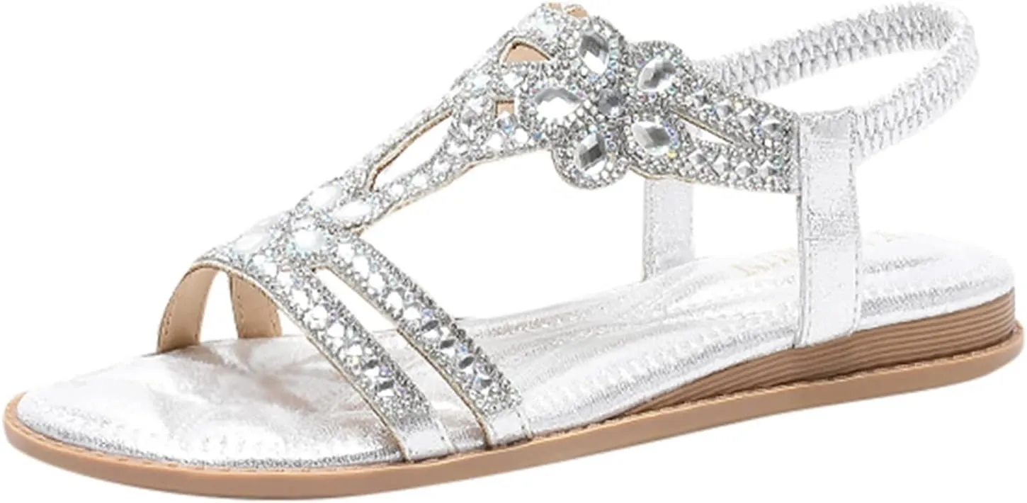 Summer Beach Sandals for Women 2025,Crystal Rhinestone Pearl Flat Sandals for Women Dressy Bling Sparkly Thong Sandals Comfortable T Strap Slip-On Shoes Casual Walking Sandals Strappy Sandals 