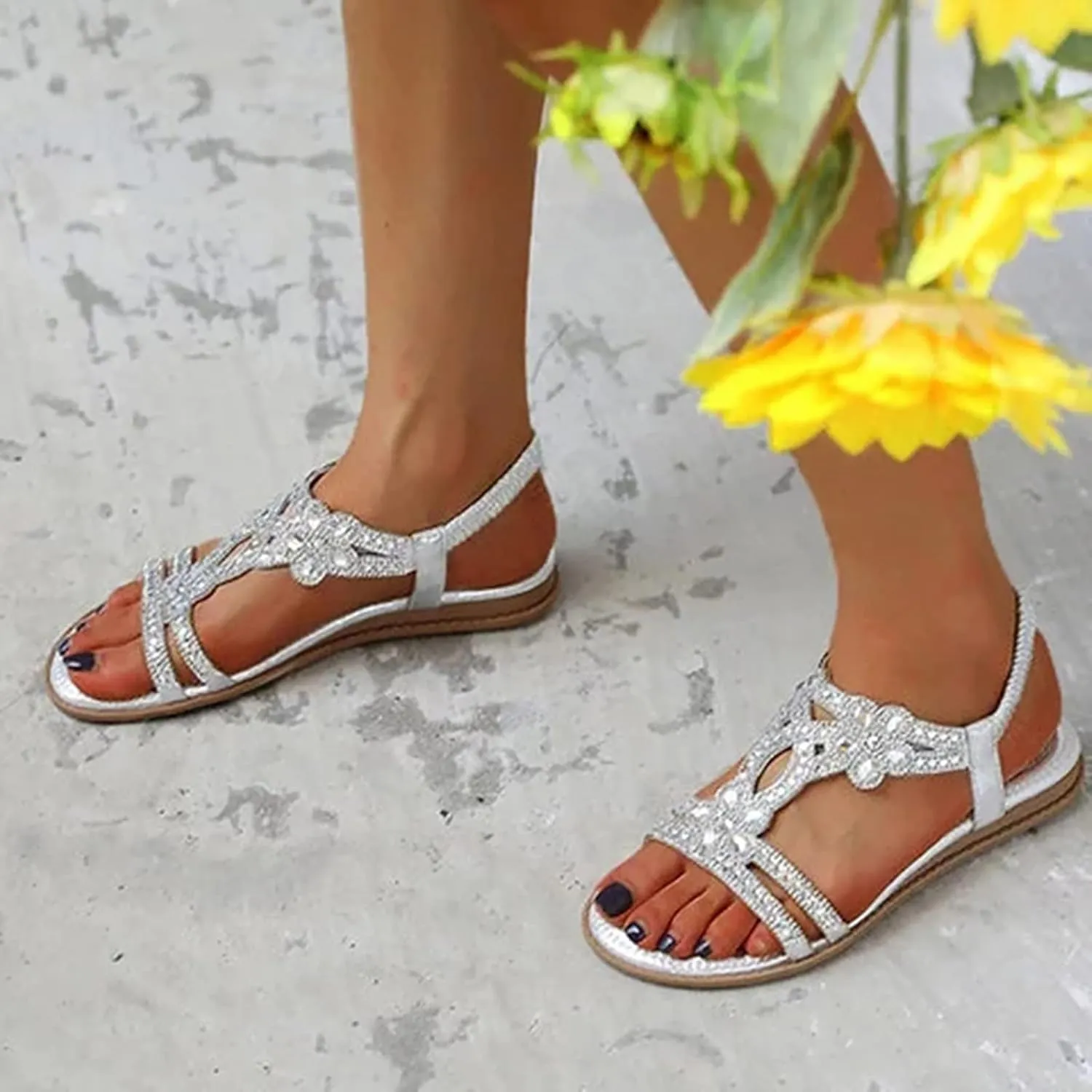 Summer Beach Sandals for Women 2025,Crystal Rhinestone Pearl Flat Sandals for Women Dressy Bling Sparkly Thong Sandals Comfortable T Strap Slip-On Shoes Casual Walking Sandals Strappy Sandals 