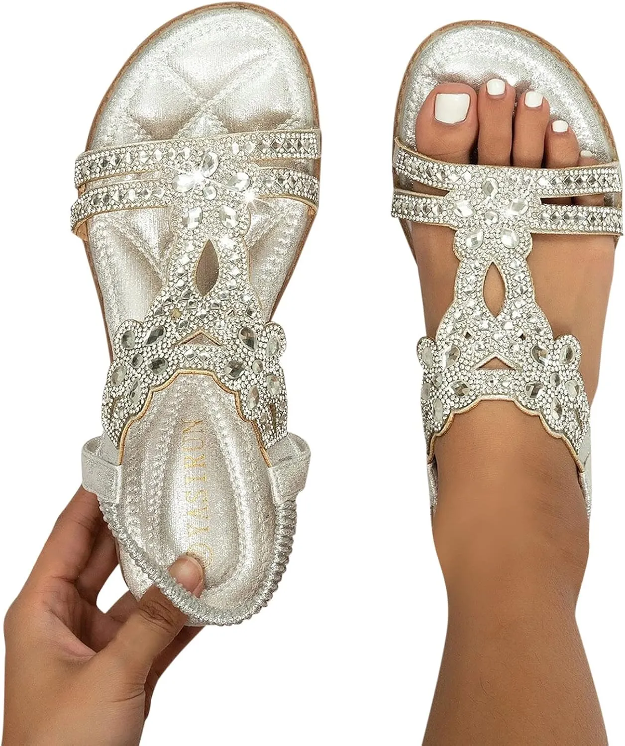 Summer Beach Sandals for Women 2025,Crystal Rhinestone Pearl Flat Sandals for Women Dressy Bling Sparkly Thong Sandals Comfortable T Strap Slip-On Shoes Casual Walking Sandals Strappy Sandals 