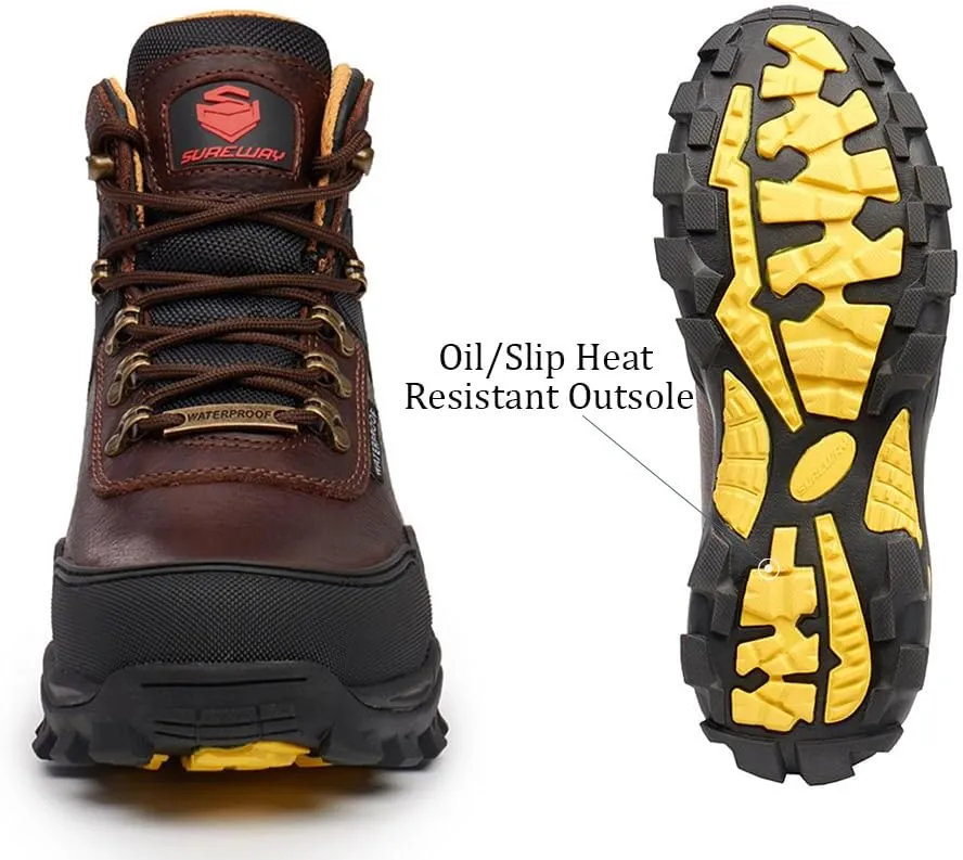 SUREWAY Men's 6" Soft Toe Heavy Duty Waterproof Work Boot - Leather,Lace Up Comfortable EH Construction Industrial Ankle Safety Men Work Boots,Roofing, Hunting
