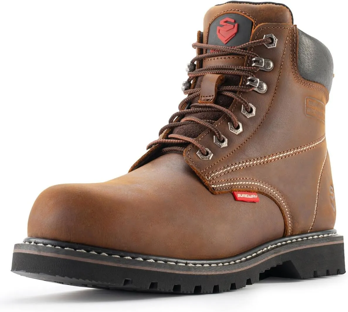 SUREWAY Mens Heavy Duty Soft/Steel Toe Work Boots for Men,Goodyear,Full Grain Leather Working Construction Boot,Slip/Oil/Water Resistant Industrial Safety Shoes,Soft Toe Brown,Size 13