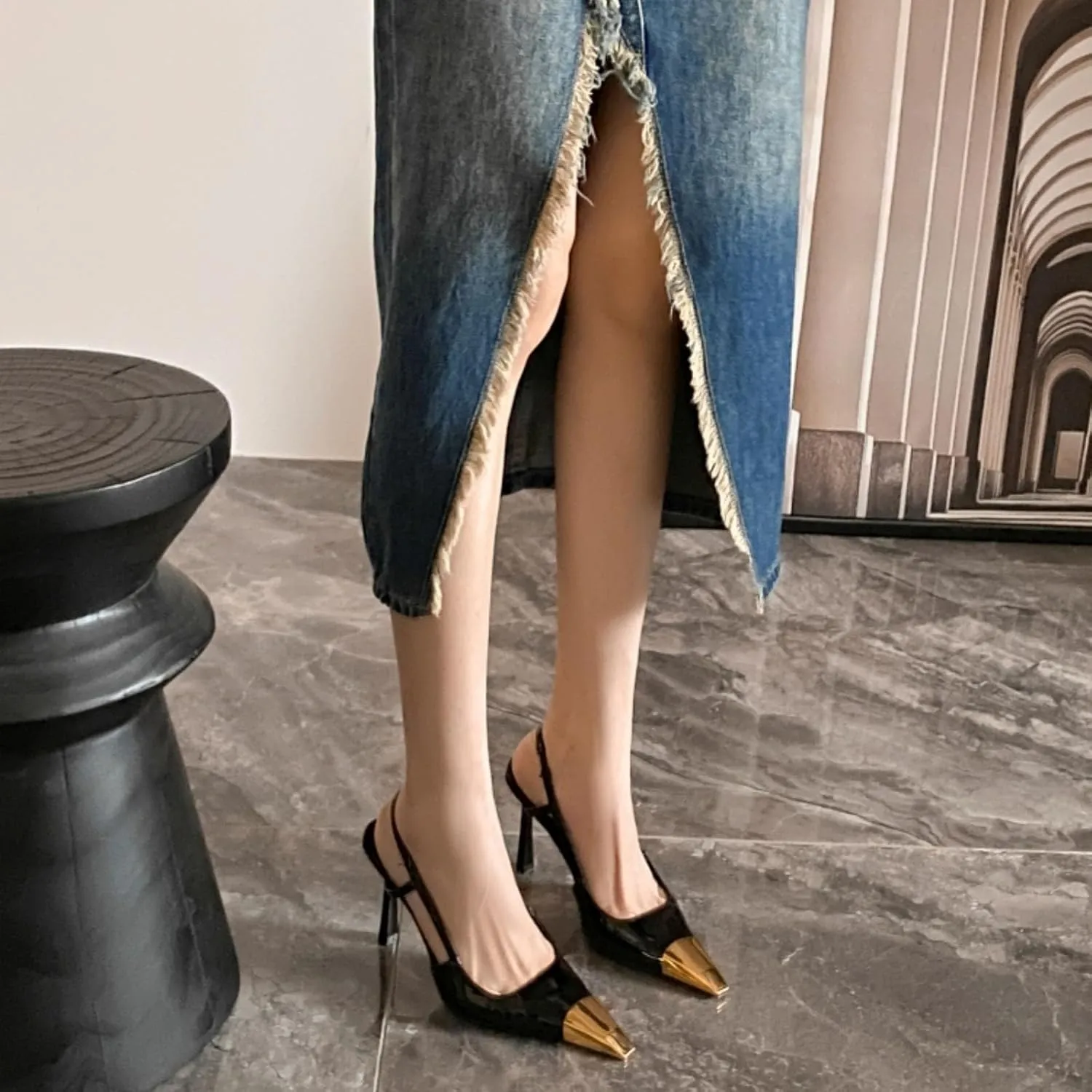 THESHY Womens Slingback High Heels Metal Pointed Toe Leather High Stiletto Heel Pumps Slip on Elastic Strap Fashion Dress Shoes for Women