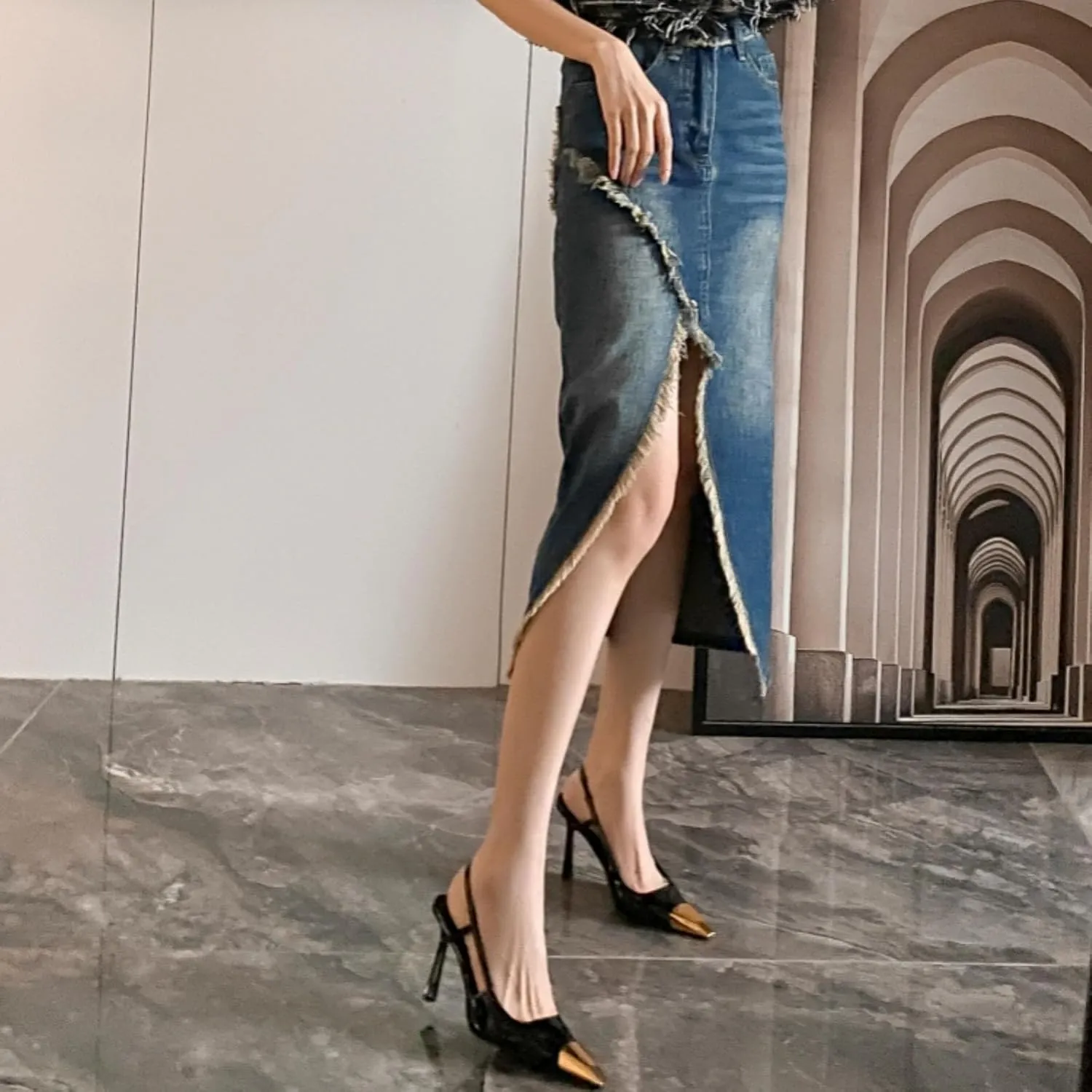 THESHY Womens Slingback High Heels Metal Pointed Toe Leather High Stiletto Heel Pumps Slip on Elastic Strap Fashion Dress Shoes for Women