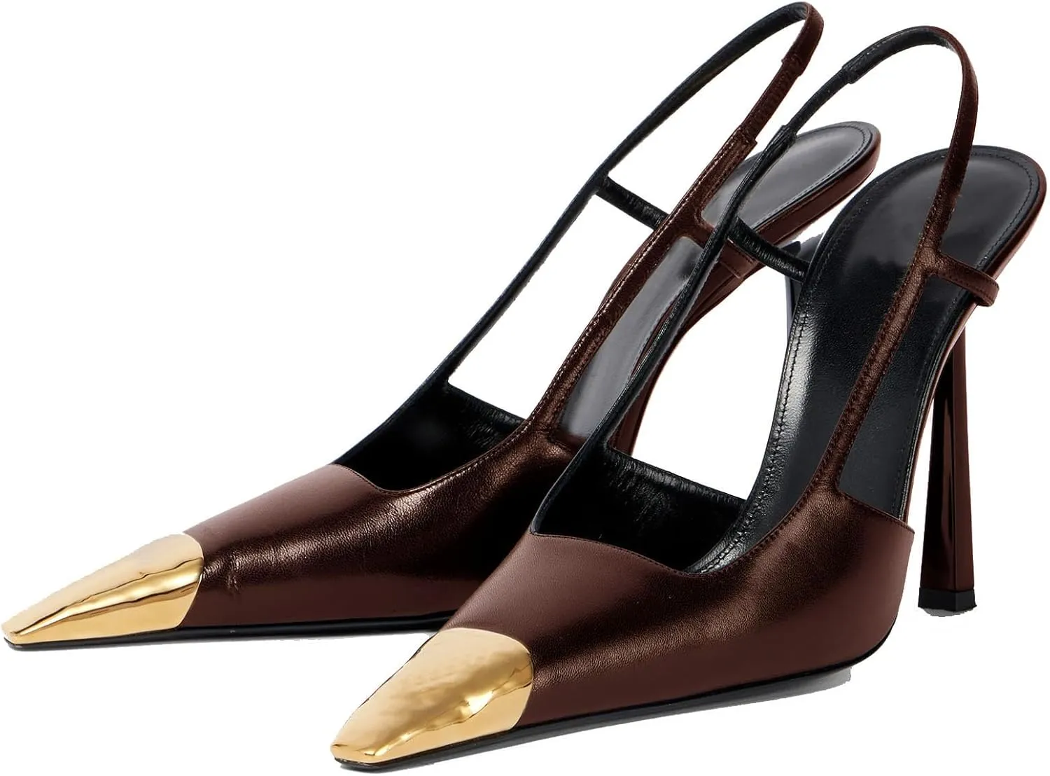 THESHY Womens Slingback High Heels Metal Pointed Toe Leather High Stiletto Heel Pumps Slip on Elastic Strap Fashion Dress Shoes for Women