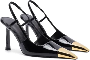 THESHY Womens Slingback High Heels Metal Pointed Toe Leather High Stiletto Heel Pumps Slip on Elastic Strap Fashion Dress Shoes for Women