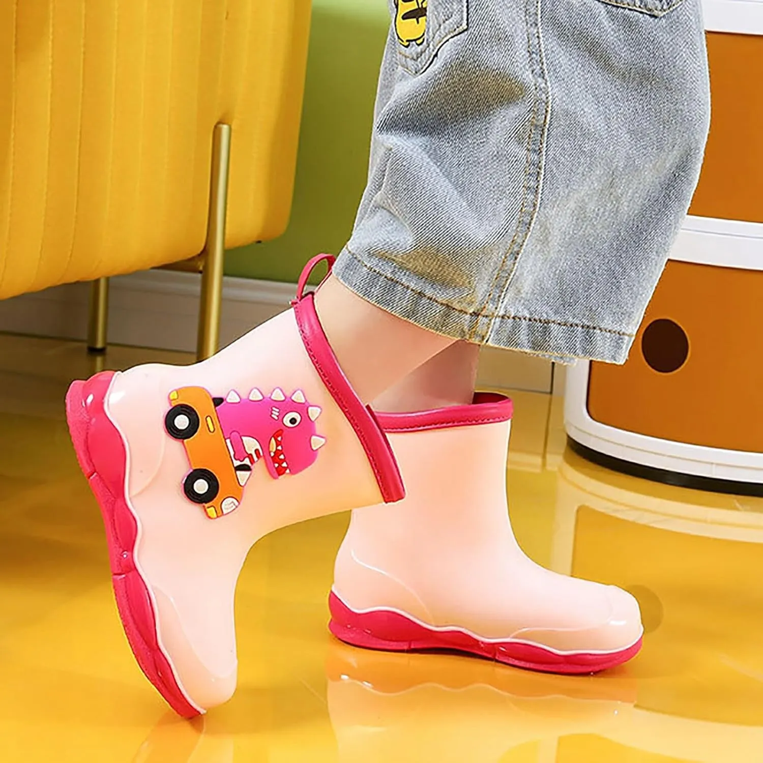 Toddler Kids Waterproof Cute Cartoon Dinosaur Printed Rain Boots Patterns Rubber Boots for Little Boys and Girls