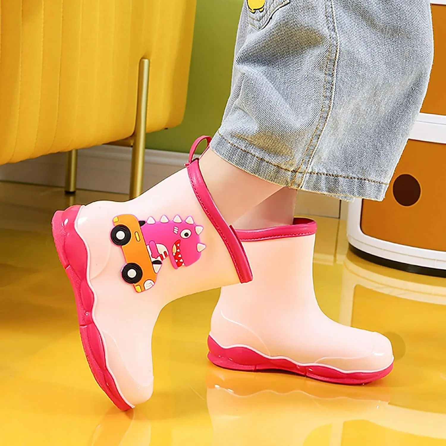 Toddler Kids Waterproof Cute Cartoon Dinosaur Printed Rain Boots Patterns Rubber Boots for Little Boys and Girls