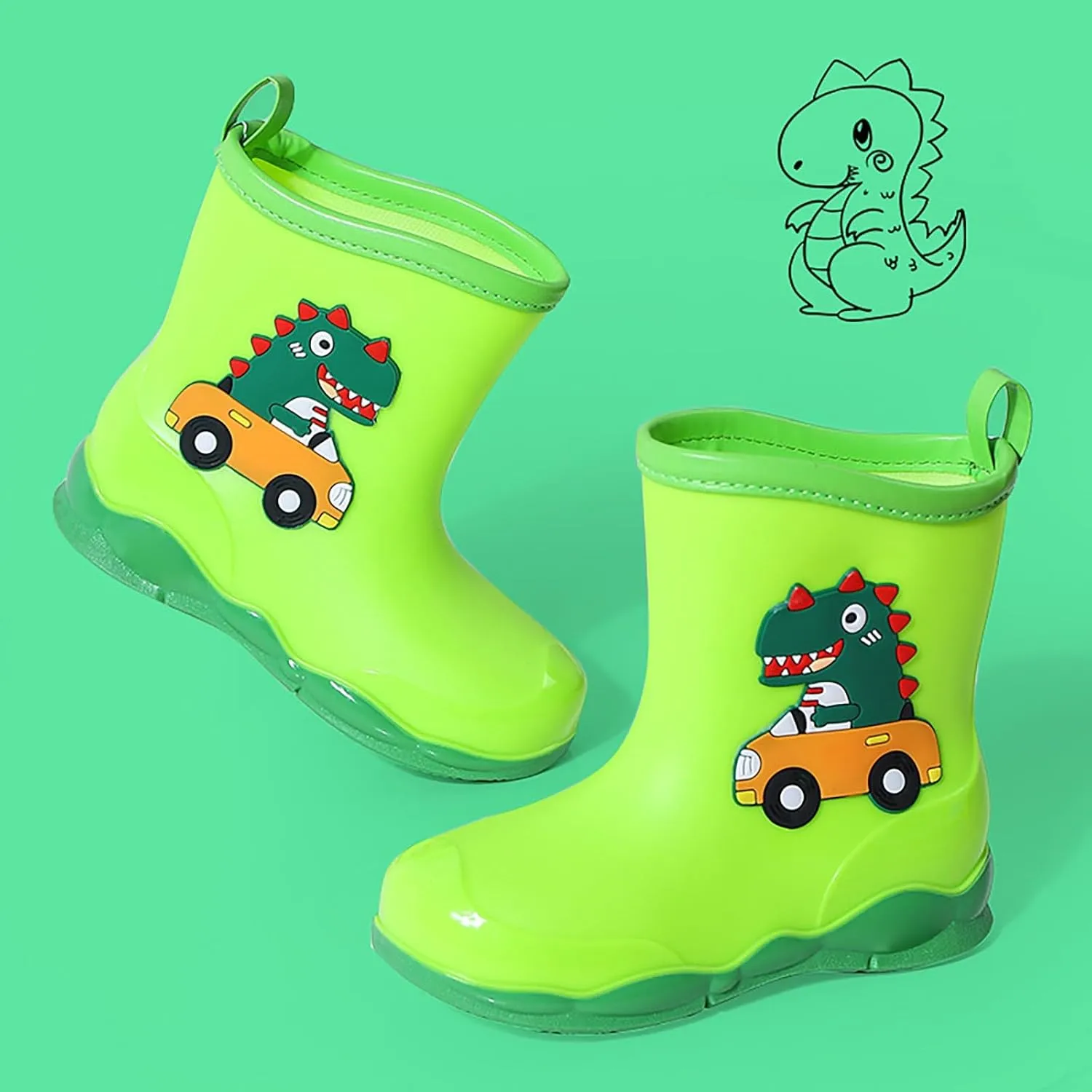 Toddler Kids Waterproof Cute Cartoon Dinosaur Printed Rain Boots Patterns Rubber Boots for Little Boys and Girls