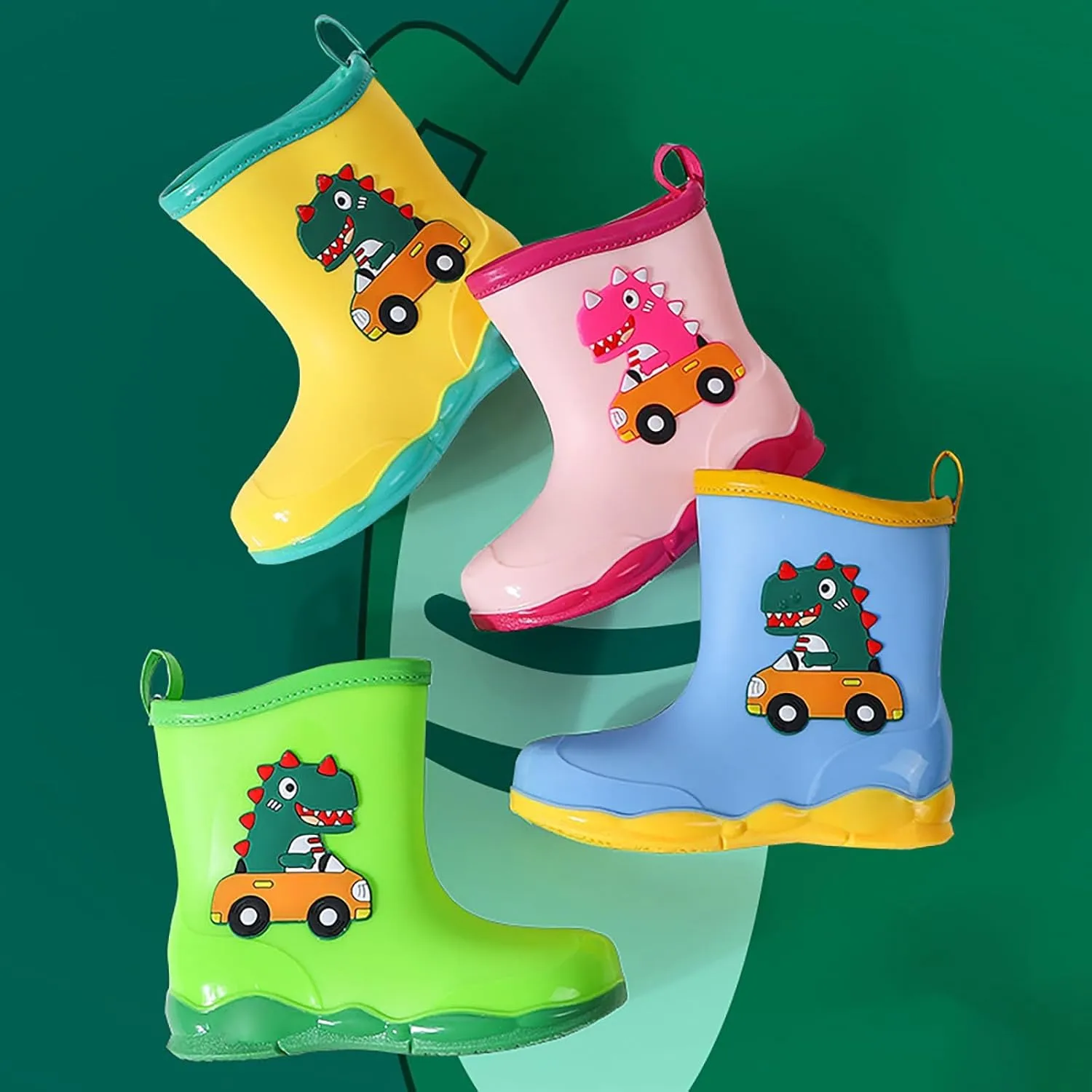 Toddler Kids Waterproof Cute Cartoon Dinosaur Printed Rain Boots Patterns Rubber Boots for Little Boys and Girls